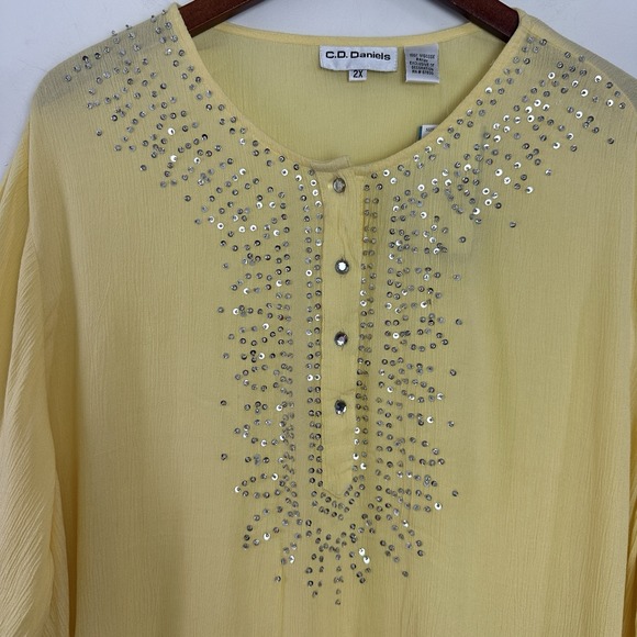 C D Daniels Womans Top Size 2X Yellow‎ Sequin Beaded Flowy Lightweight NWT - Picture 4 of 8